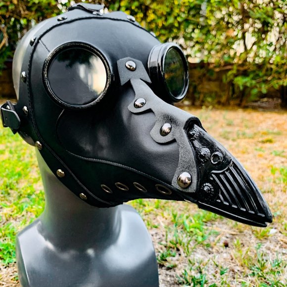 Black Leather Plague Doctor Dark Lens Goggles Masquerade Venetian Party Mask - Picture 3 of 3